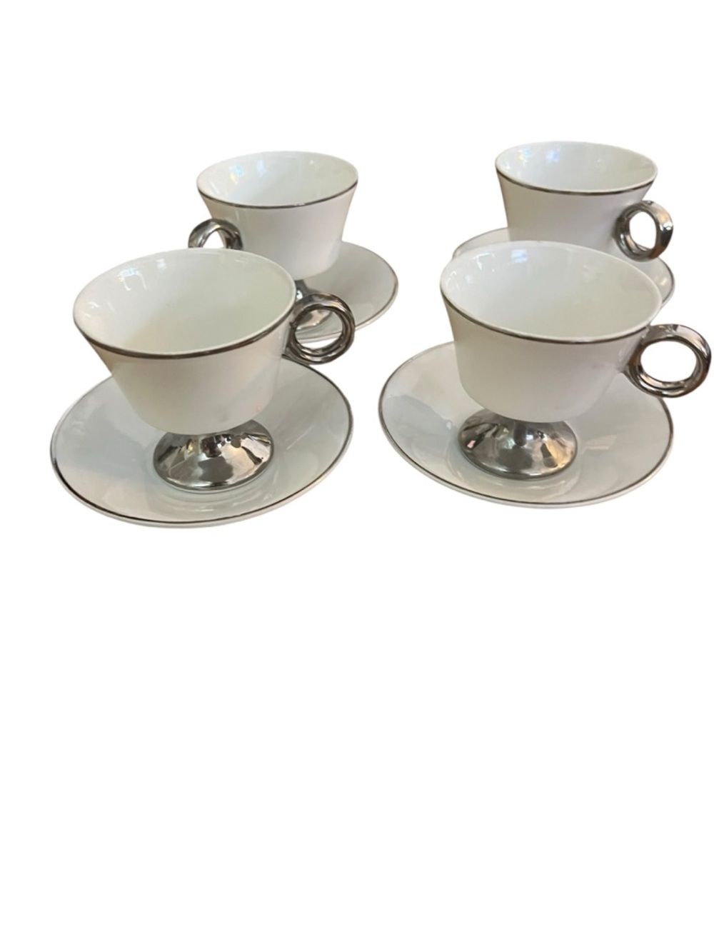 Mid-Century White / Silver Demitasse Cup & Saucer Set by Westchester